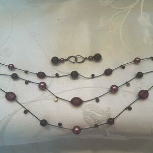 Three (3) Tier Black Necklace with Purple Faceted Stones & Drop Earrings